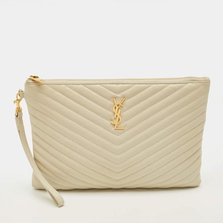 Pre Owned Saint Laurent Cassandre Beige Matelassé Leather Tablet Pouch