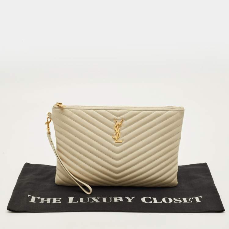 Pre Owned Saint Laurent Cassandre Beige Matelassé Leather Tablet Pouch