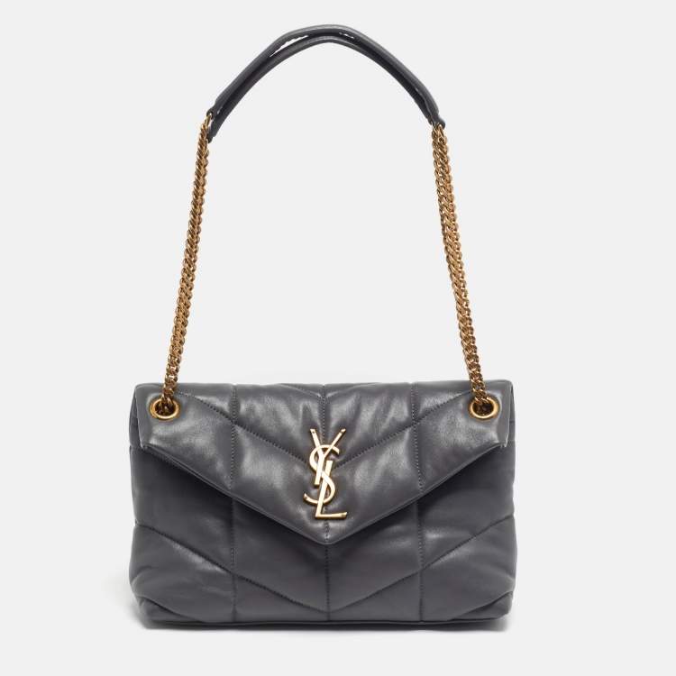 Pre Owned Saint Laurent Loulou Puffer Small Grey Chevron Leather Shoulder Bag