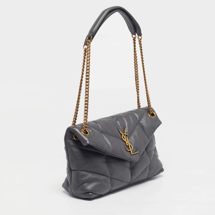 Pre Owned Saint Laurent Loulou Puffer Small Grey Chevron Leather Shoulder Bag
