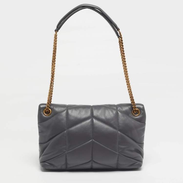 Pre Owned Saint Laurent Loulou Puffer Small Grey Chevron Leather Shoulder Bag