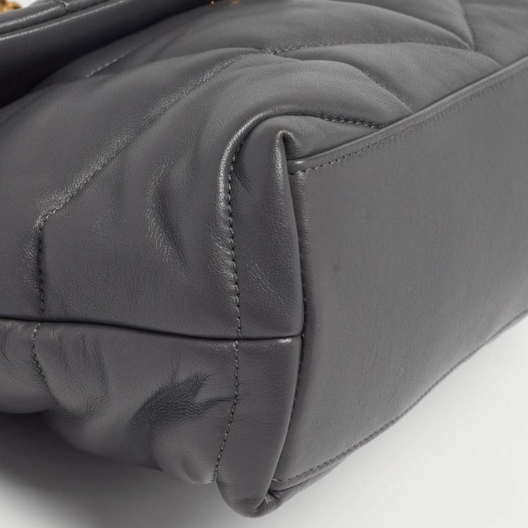 Pre Owned Saint Laurent Loulou Puffer Small Grey Chevron Leather Shoulder Bag