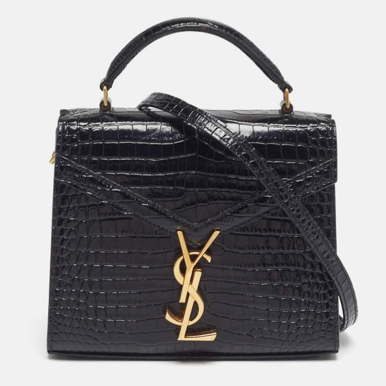 Pre Owned Saint Laurent Cassandra Mini Black Croc Embossed Leather Top Handle Bag
