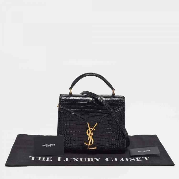 Pre Owned Saint Laurent Cassandra Mini Black Croc Embossed Leather Top Handle Bag