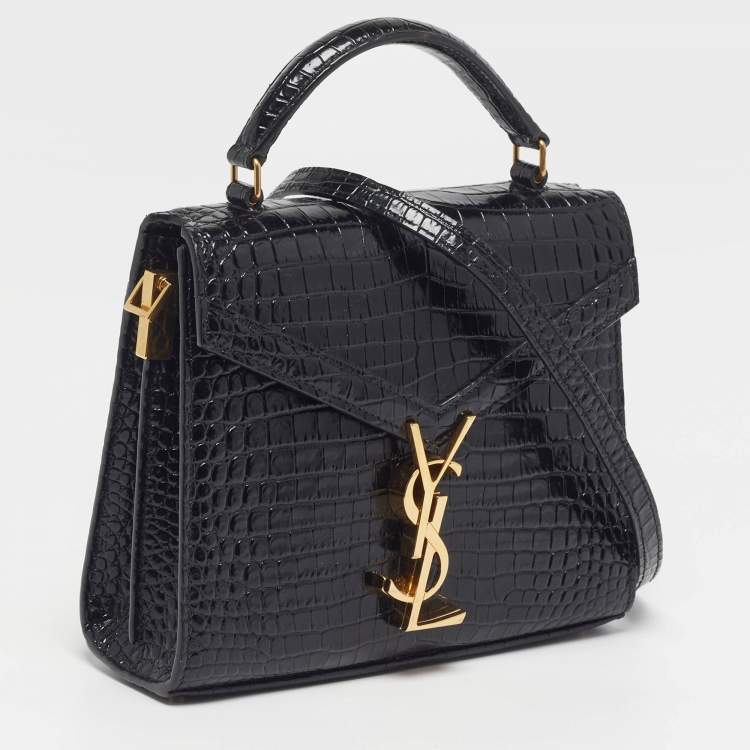 Pre Owned Saint Laurent Cassandra Mini Black Croc Embossed Leather Top Handle Bag