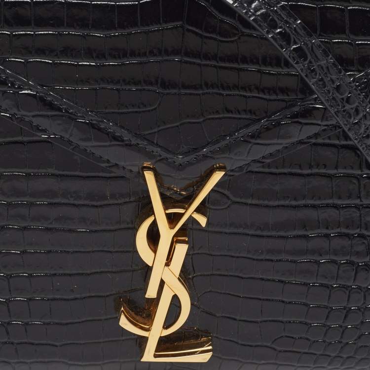 Pre Owned Saint Laurent Cassandra Mini Black Croc Embossed Leather Top Handle Bag