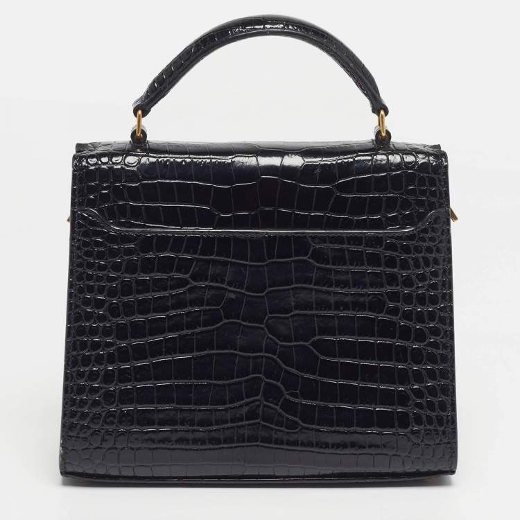 Pre Owned Saint Laurent Cassandra Mini Black Croc Embossed Leather Top Handle Bag