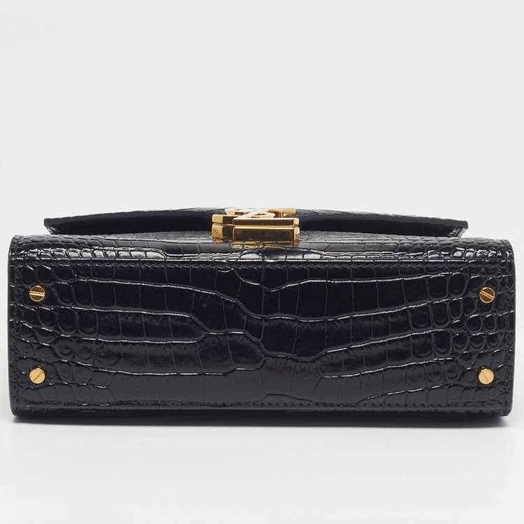 Pre Owned Saint Laurent Cassandra Mini Black Croc Embossed Leather Top Handle Bag