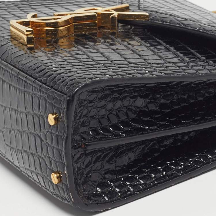 Pre Owned Saint Laurent Cassandra Mini Black Croc Embossed Leather Top Handle Bag