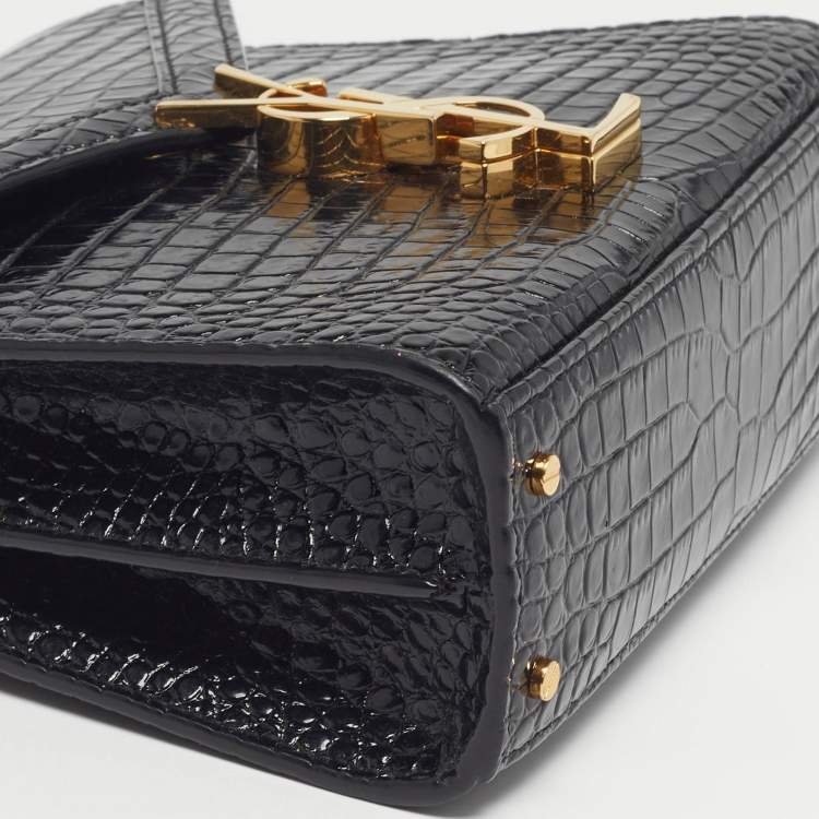 Pre Owned Saint Laurent Cassandra Mini Black Croc Embossed Leather Top Handle Bag