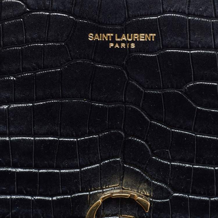 Pre Owned Saint Laurent Cassandra Mini Black Croc Embossed Leather Top Handle Bag