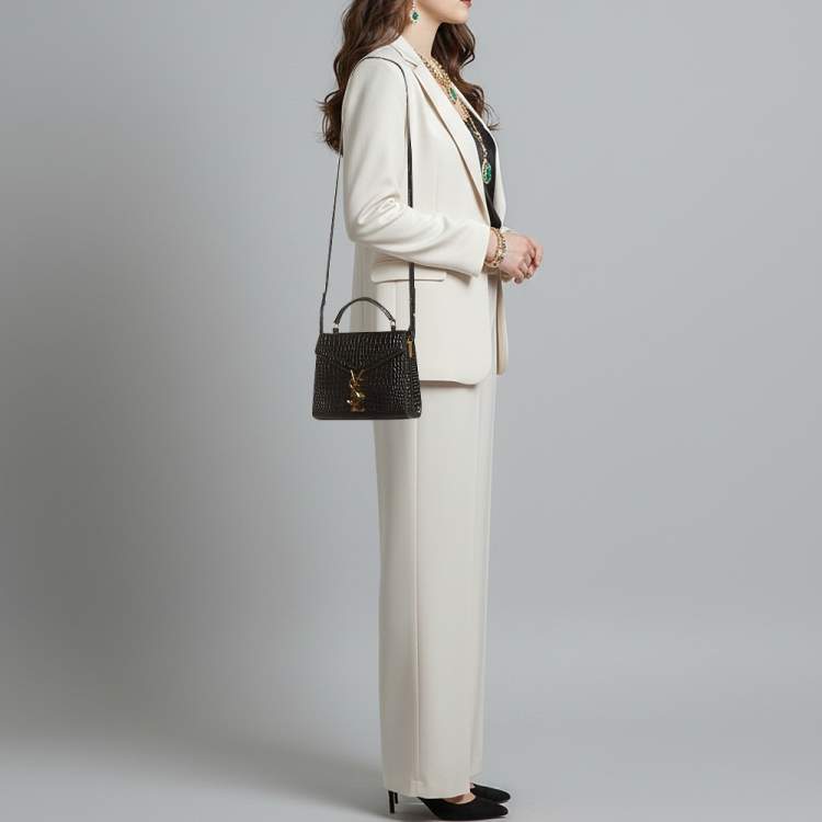 Pre Owned Saint Laurent Cassandra Mini Black Croc Embossed Leather Top Handle Bag