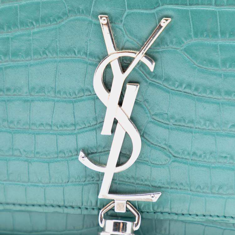 Pre Owned Saint Laurent Paris Blue Small Croc Embossed Leather Monogram Kate Tassel Crossbody