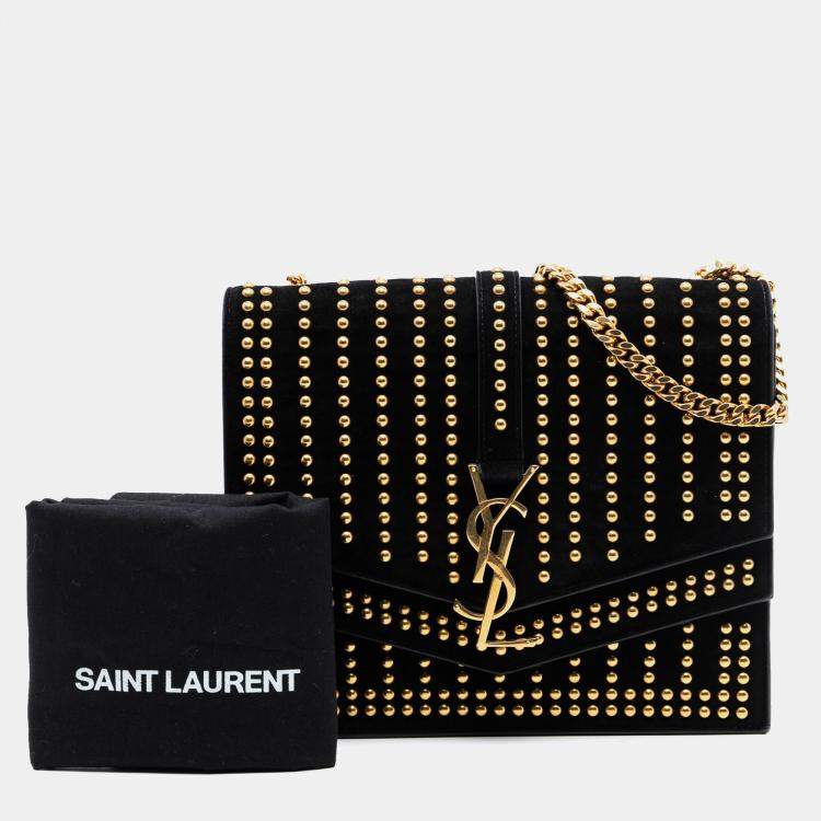 Pre Owned Saint Laurent Paris Black Medium Studded Suede Monogram Sulpice Crossbody