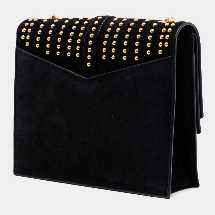 Pre Owned Saint Laurent Paris Black Medium Studded Suede Monogram Sulpice Crossbody