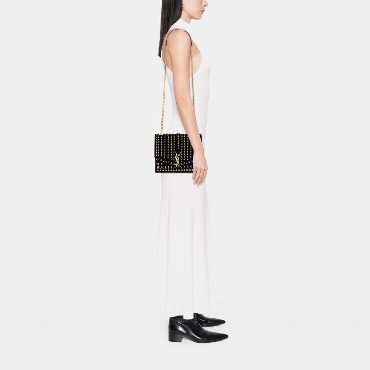 Pre Owned Saint Laurent Paris Black Medium Studded Suede Monogram Sulpice Crossbody