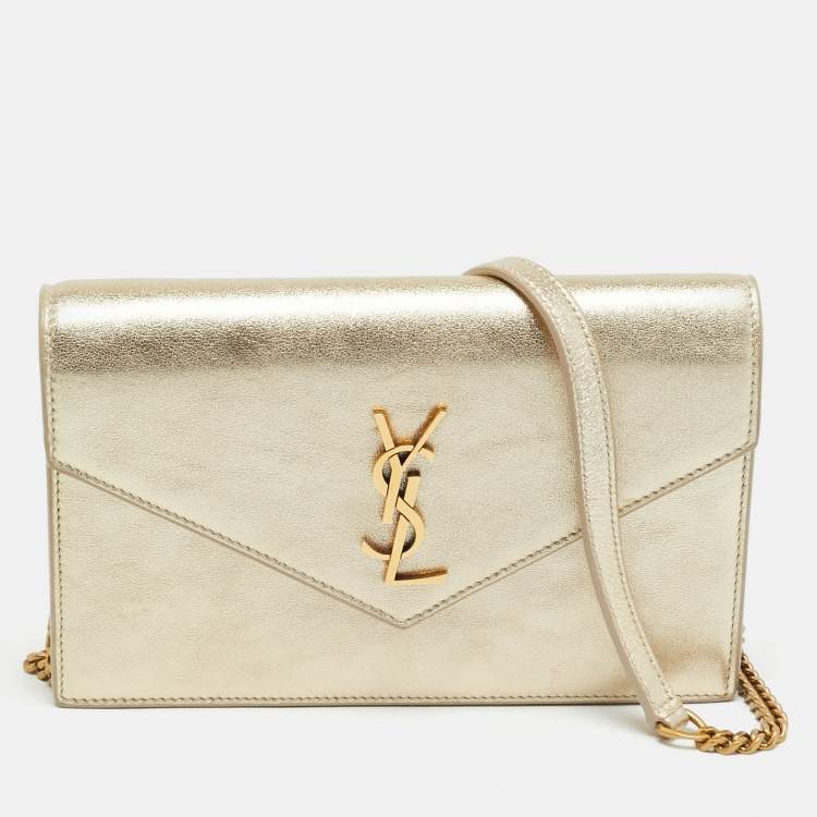 Pre Owned Saint Laurent Envelope Gold Leather Wallet on Chain