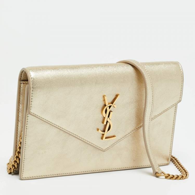 Pre Owned Saint Laurent Envelope Gold Leather Wallet on Chain