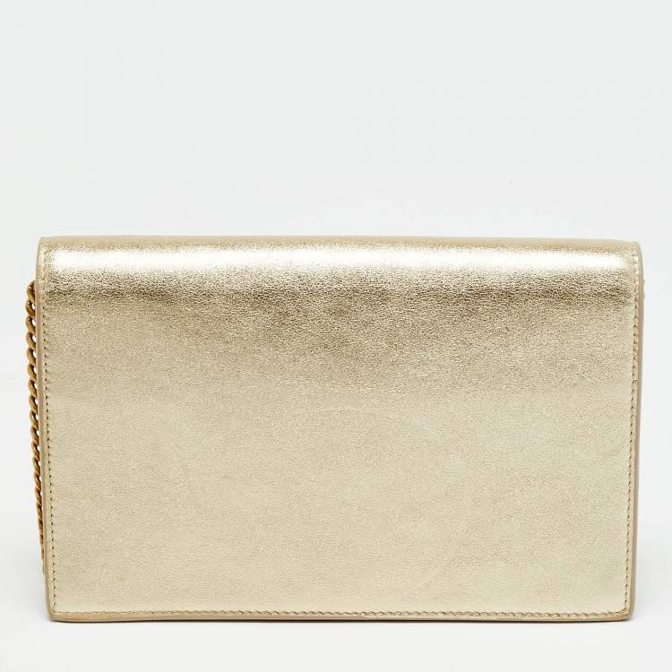 Pre Owned Saint Laurent Envelope Gold Leather Wallet on Chain