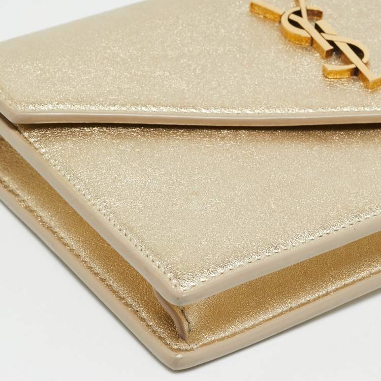 Pre Owned Saint Laurent Envelope Gold Leather Wallet on Chain