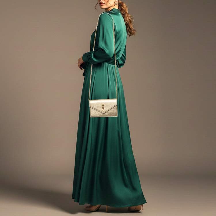 Pre Owned Saint Laurent Envelope Gold Leather Wallet on Chain