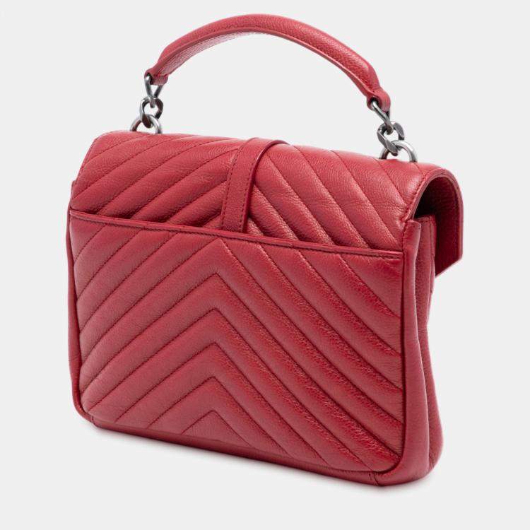 Pre Owned Saint Laurent Paris Red Medium Chevron Sheepskin Monogram College Satchel