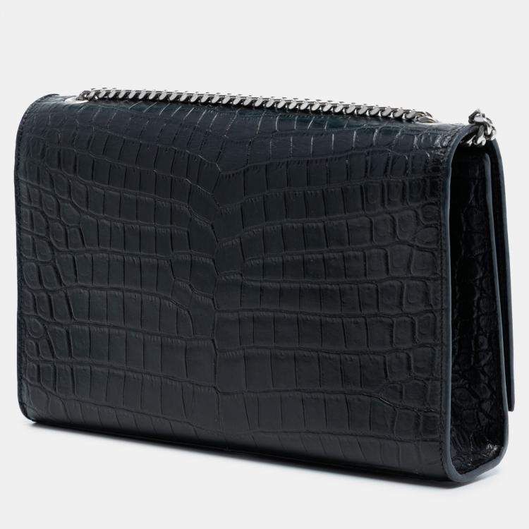 Pre Owned Saint Laurent Paris Black Medium Croc Embossed Leather Kate Tassel Crossbody