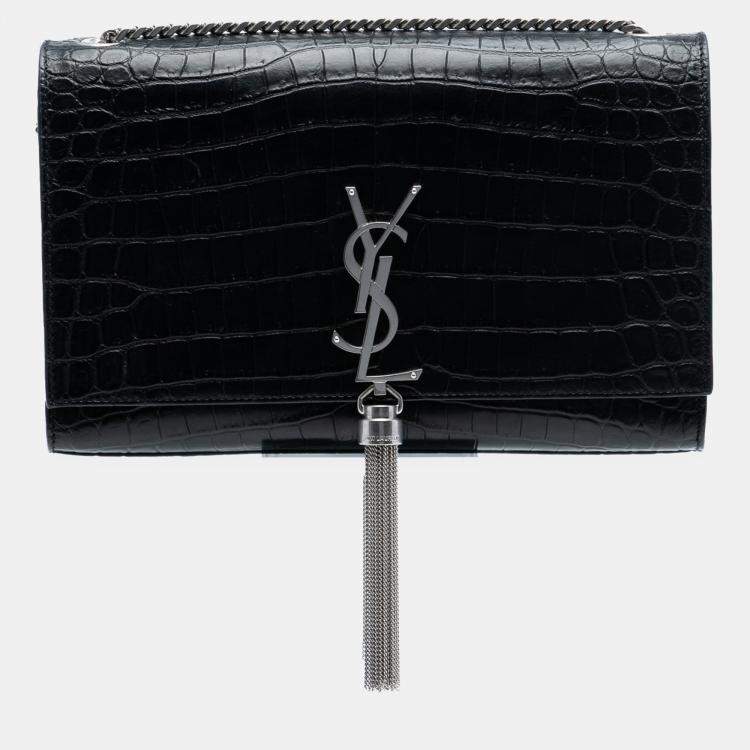 Pre Owned Saint Laurent Paris Black Medium Croc Embossed Leather Kate Tassel Crossbody