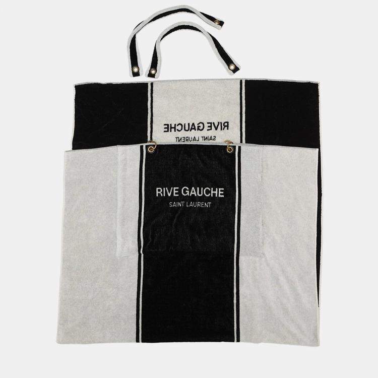 Pre Owned Saint Laurent Paris Rive Gauche Towel Tote Bag White/Black Cotton