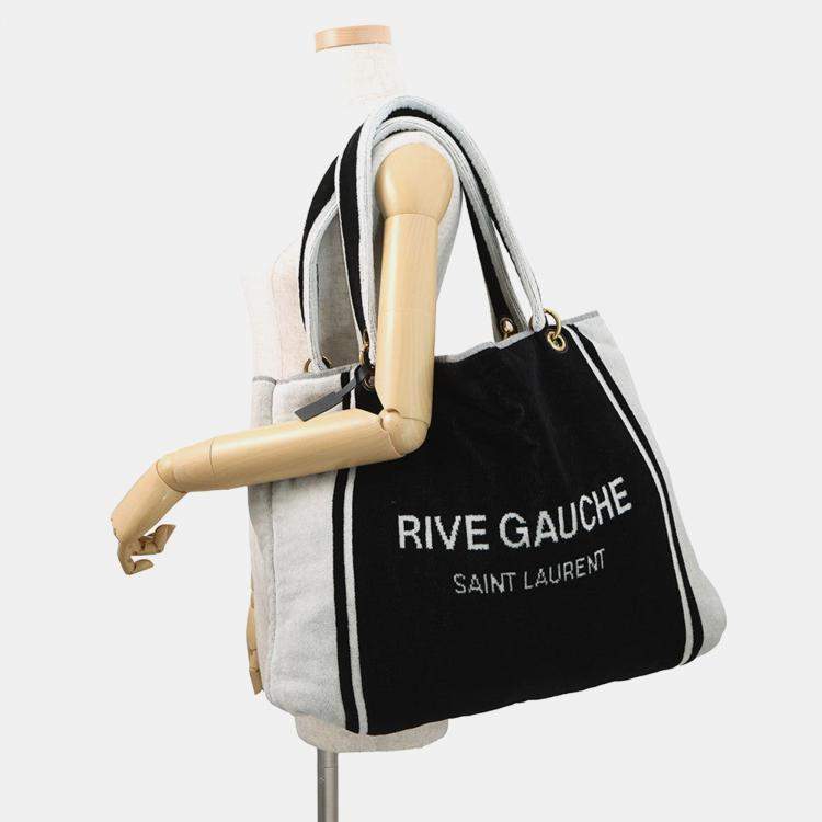 Pre Owned Saint Laurent Paris Rive Gauche Towel Tote Bag White/Black Cotton