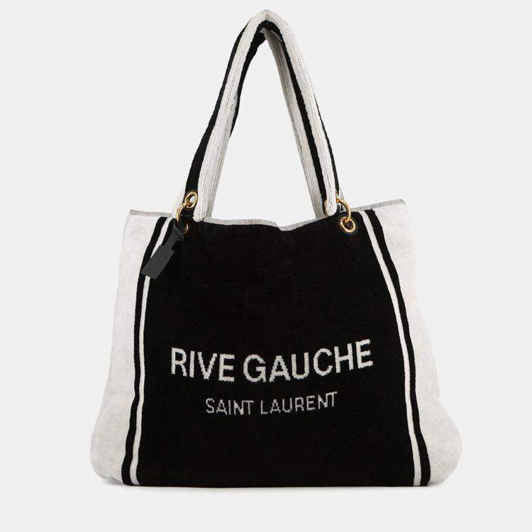 Pre Owned Saint Laurent Paris Rive Gauche Towel Tote Bag White/Black Cotton