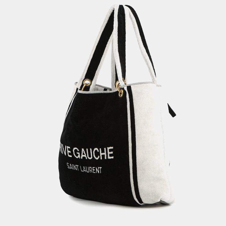Pre Owned Saint Laurent Paris Rive Gauche Towel Tote Bag White/Black Cotton