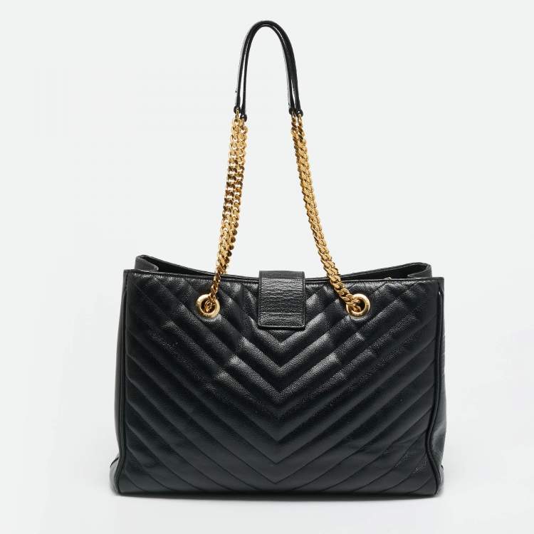 مملوكة مسبقًا Saint Laurent Monogram Black Chevron Leather Tote