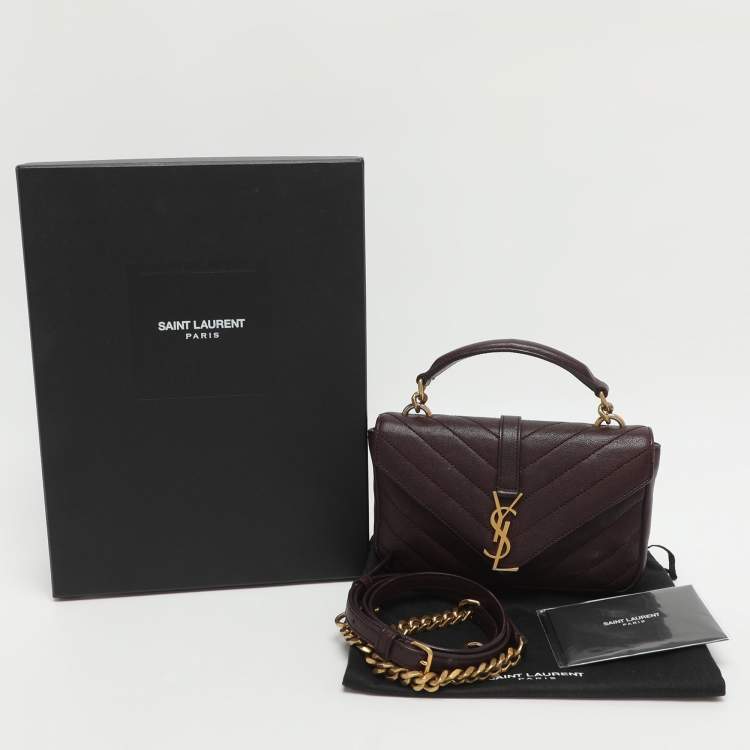 Pre Owned Saint Laurent Paris Monogram College Burgundy Chevron Quilted Leather Wallet On Chain