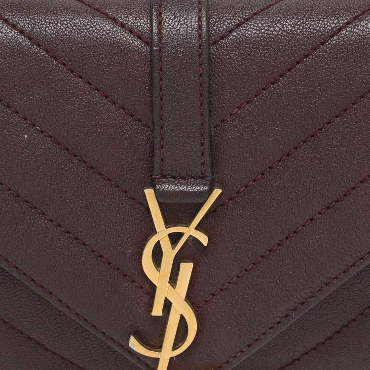 Pre Owned Saint Laurent Paris Monogram College Burgundy Chevron Quilted Leather Wallet On Chain