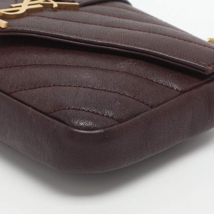 Pre Owned Saint Laurent Paris Monogram College Burgundy Chevron Quilted Leather Wallet On Chain