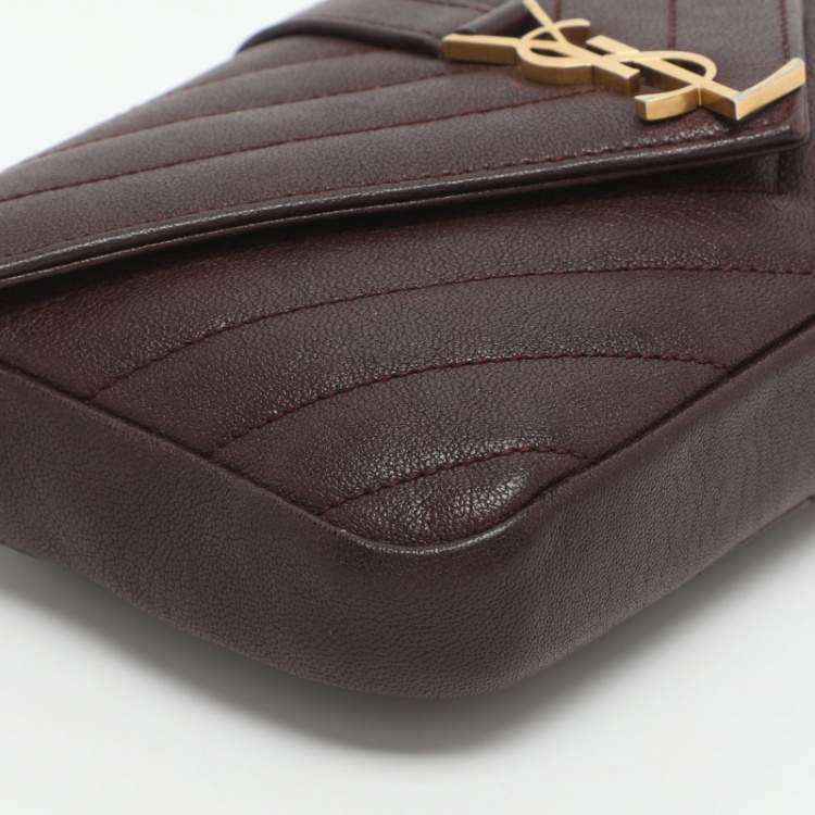 Pre Owned Saint Laurent Paris Monogram College Burgundy Chevron Quilted Leather Wallet On Chain