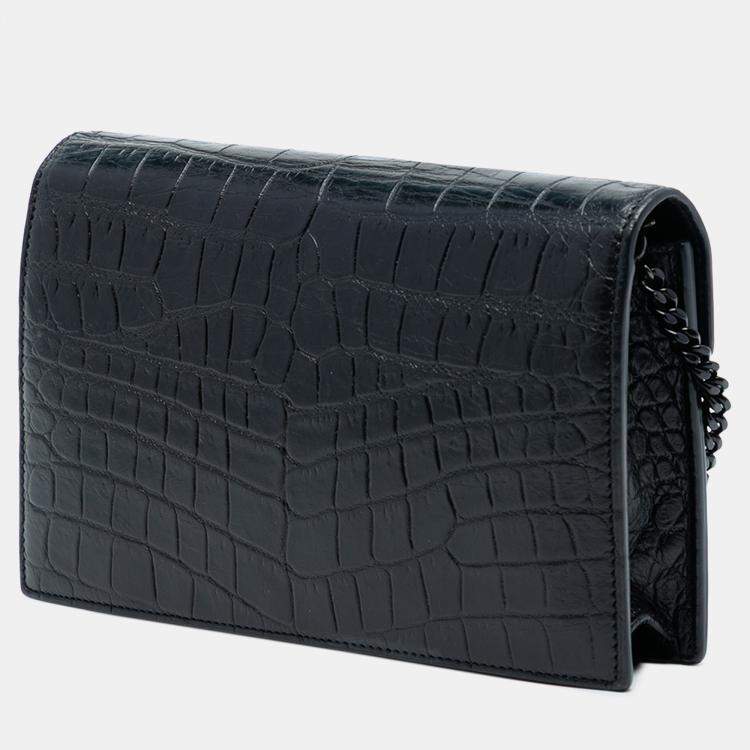 Pre Owned Saint Laurent Paris Black Croc Embossed Leather Monogram Monochrome Envelope Chain Wallet