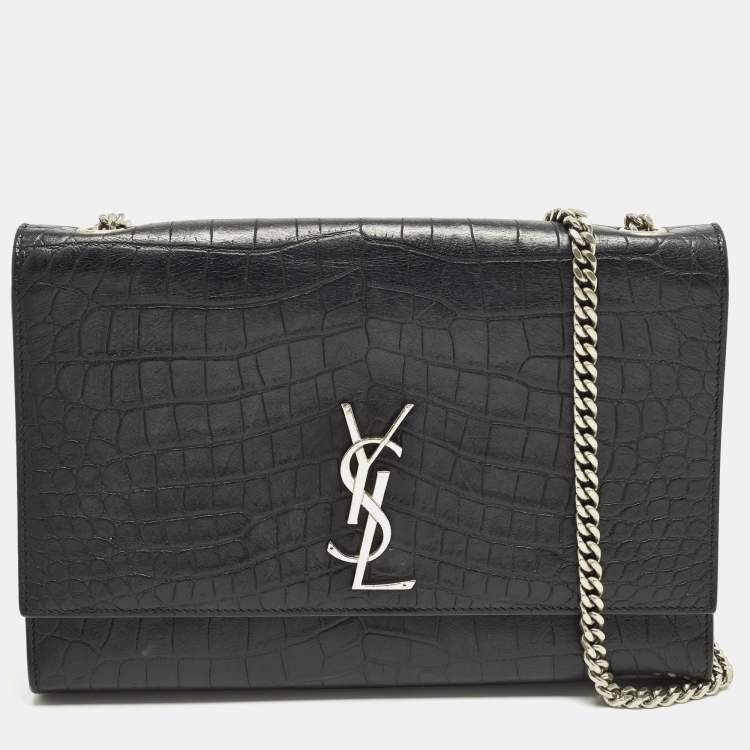 Pre Owned Saint Laurent Kate Large Black Croc Embossed Leather Flap Shoulder Bag