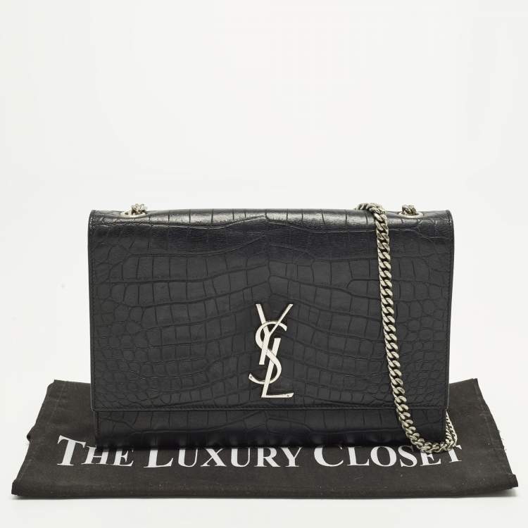 Pre Owned Saint Laurent Kate Large Black Croc Embossed Leather Flap Shoulder Bag