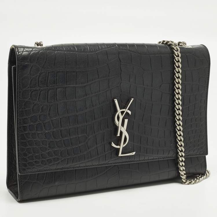 Pre Owned Saint Laurent Kate Large Black Croc Embossed Leather Flap Shoulder Bag