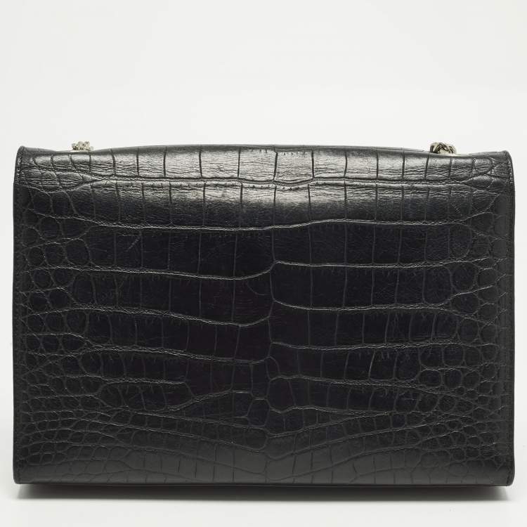 Pre Owned Saint Laurent Kate Large Black Croc Embossed Leather Flap Shoulder Bag