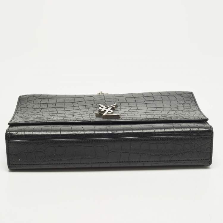 Pre Owned Saint Laurent Kate Large Black Croc Embossed Leather Flap Shoulder Bag