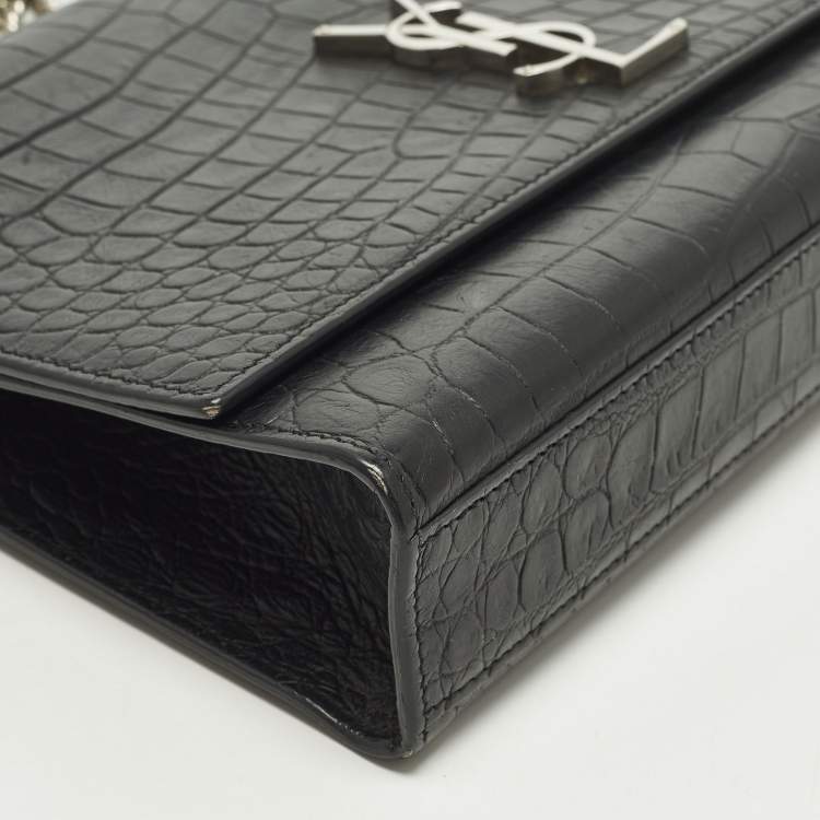 Pre Owned Saint Laurent Kate Large Black Croc Embossed Leather Flap Shoulder Bag