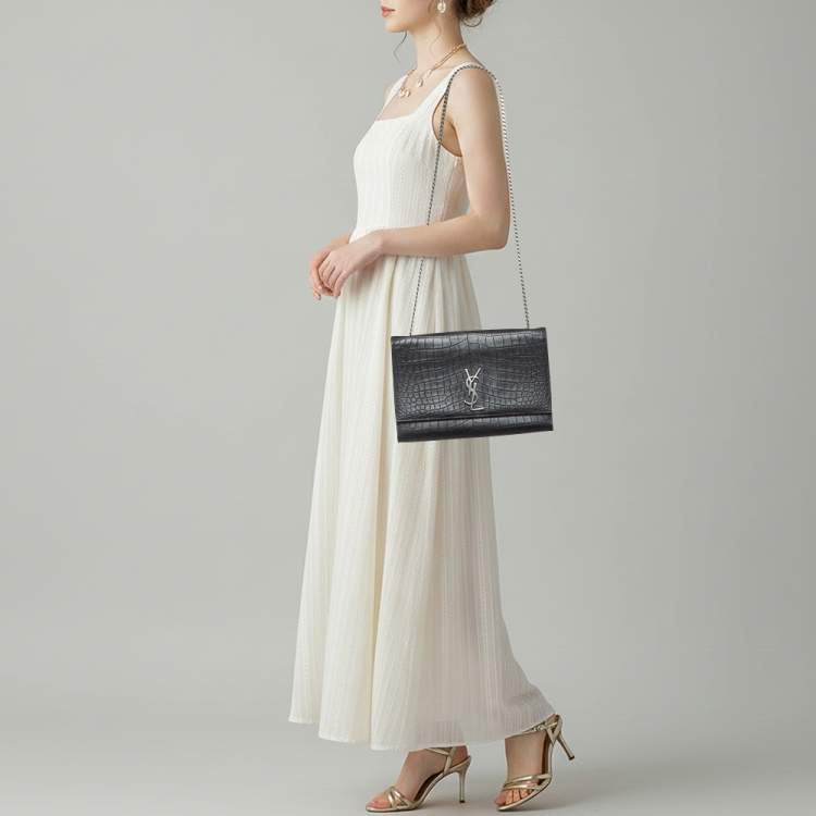 Pre Owned Saint Laurent Kate Large Black Croc Embossed Leather Flap Shoulder Bag