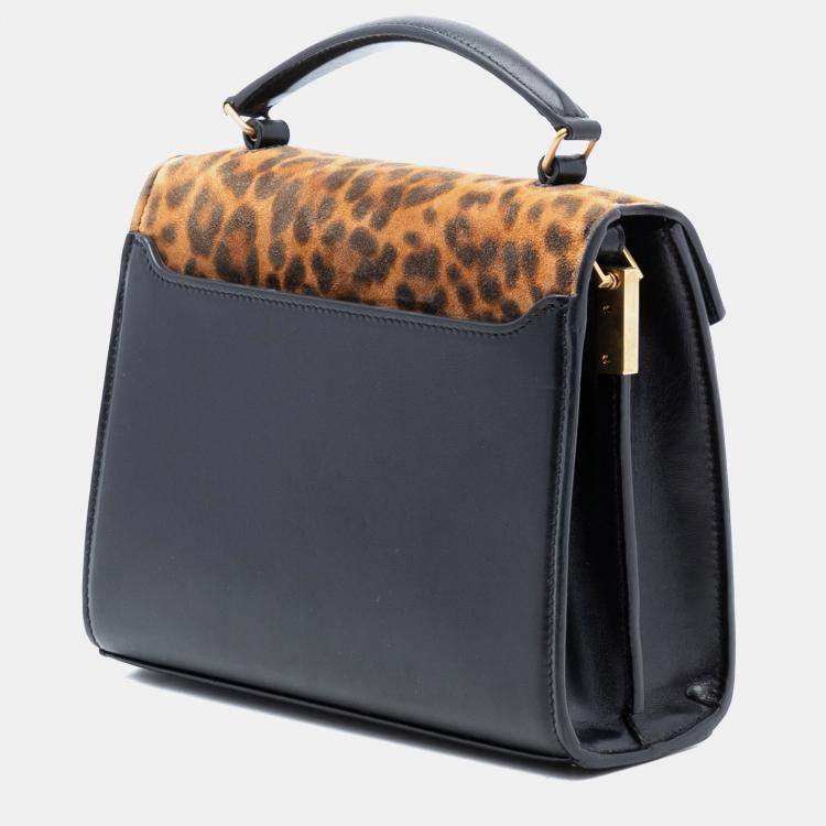 Pre Owned Saint Laurent Paris Black Brown Mini Suede Leopard Print Monogram Cassandra Top Handle Bag