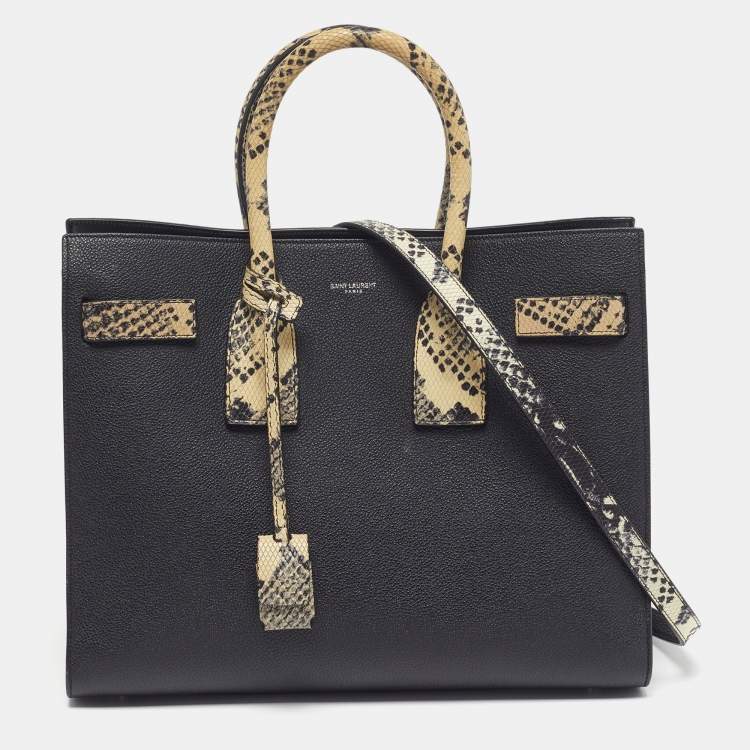 Pre Owned Saint Laurent Classic Sac De Jour Small Black/Cream Leather and Python Embossed Tote