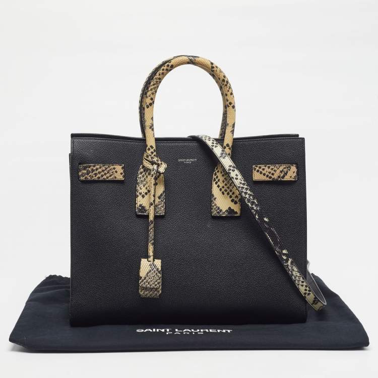 Pre Owned Saint Laurent Classic Sac De Jour Small Black/Cream Leather and Python Embossed Tote