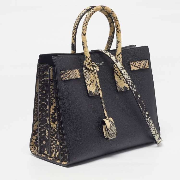 Pre Owned Saint Laurent Classic Sac De Jour Small Black/Cream Leather and Python Embossed Tote