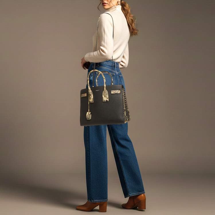 Pre Owned Saint Laurent Classic Sac De Jour Small Black/Cream Leather and Python Embossed Tote